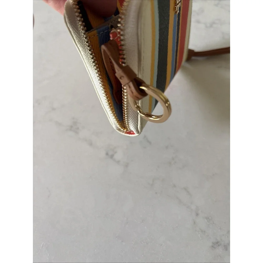 Tory Burch Kerrington Zip Coin Case Balloon Stripe Pattern Logo Rainbow